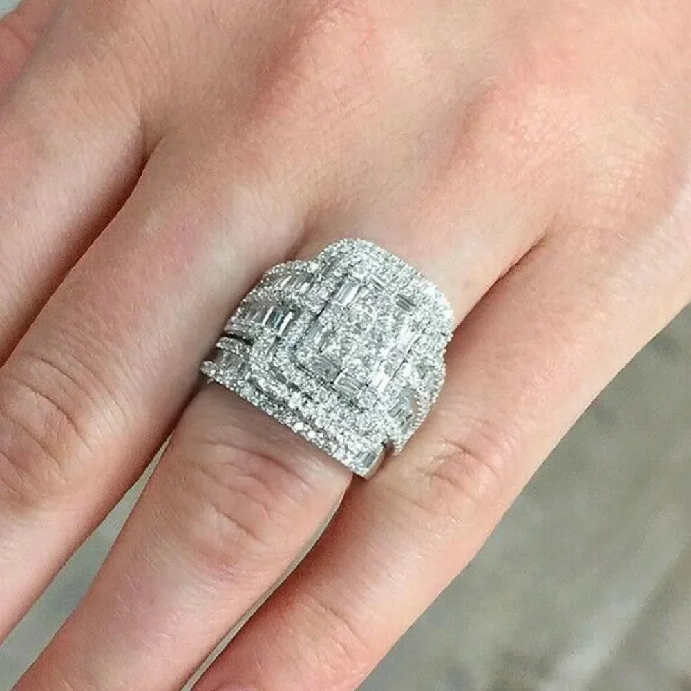 NEW 925 Sterling Silver Engagement Diamond Ring Set 2 Piece Thick Ring Band